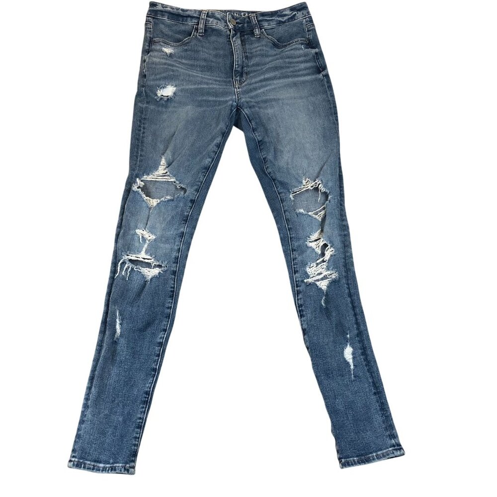 American Eagle Women's Jeans Size 6 The Dream Skinny Blue Denim Distressed Hi-Ri